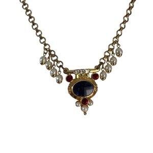 VTG Alex Nicole Victorian style gold tone red white blue statement necklace